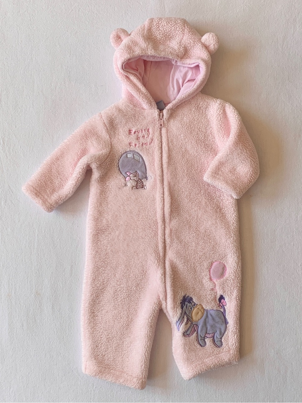 Disney Eeyore & Piglet Balloons Pink Fleece One Piece Hooded Snowsuit 3-6M